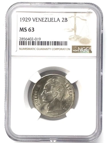 Venezuela 1929 Silver Coin 2 Bolivares Philadelphia Mint MS63 NGC 🇻🇪🐉