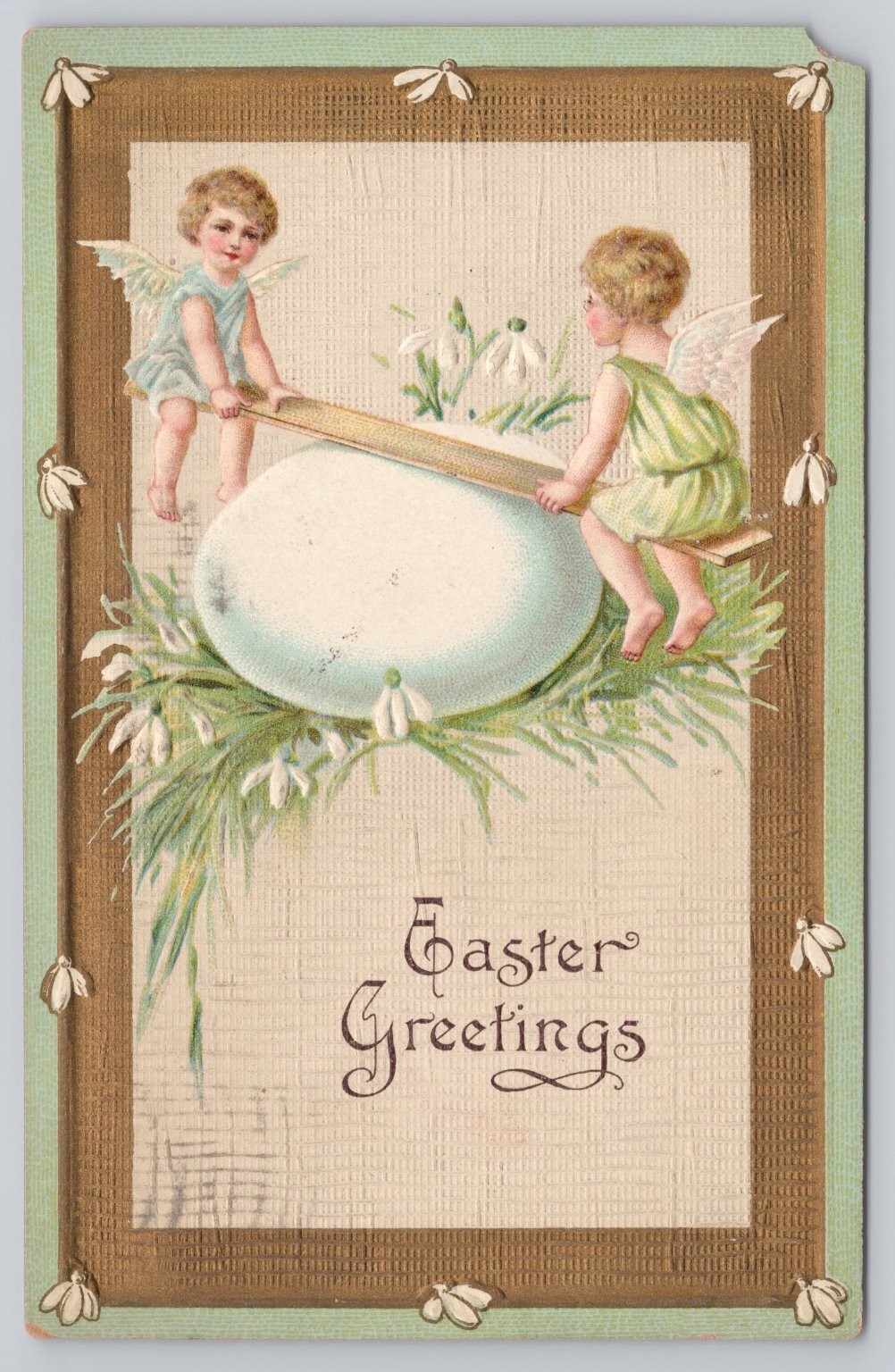 Vintage Embossed Easter Postcard with Cherubs & Egg, 1919 Germany