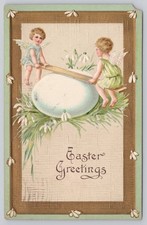 Vintage Embossed Easter Postcard with Cherubs & Egg, 1919 Germany