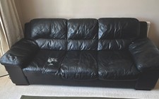 DFS Black Leather 3 Seater Sofa Pillow Top Arms Cushioned Back Wear