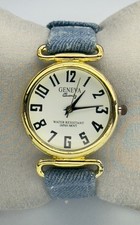 Womens GENEVA Quartz Wristwatch Gold Tone Denim Jean Band Analog Water Resistant