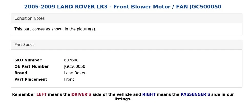 Land Rover LR3 2005-2009 - motor soplador delantero / ventilador JGC500050 Foto 4 de 4