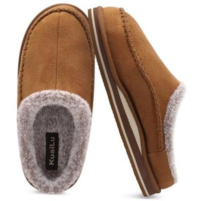 Mens Clog Slippers with Arch Support Suede Faux Fur Memory Foam Warm 11 Khaki