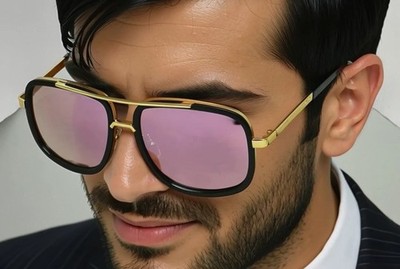 Men Sunglasses Square Gold Flat Top Frame Trendy Retro Street Wear Gafas Lentes