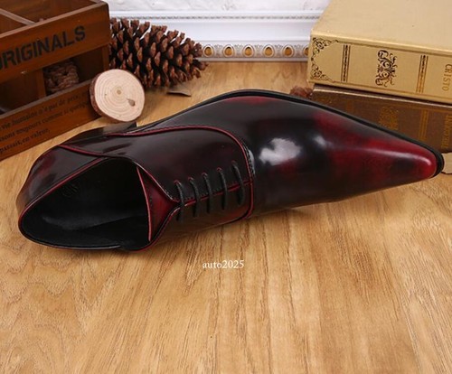 Men's Leather Dress Shoes Formal Cuban Heel Lace Up Pointy Toe Korean Fashion - Picture 13 of 25