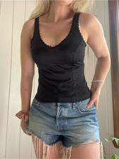 Vintage Satin Black Lace-Trim Tank Top with Bow Detail