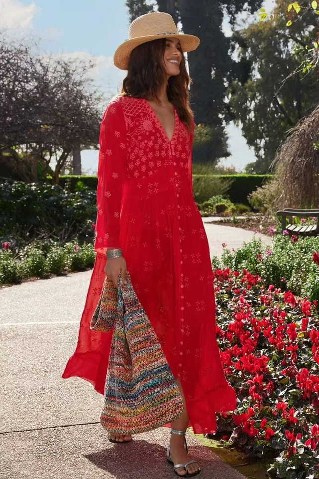 Maxi Vestido $448 NUEVO SIN ETIQUETAS JOHNNY WAS Bordado Floral Beesley Talla XS Rojo Foto 2 de 4