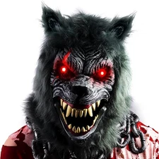 LED Halloween Wolf Werewolf Mask with Movable Jaw, Light Up Halloween Scary Mask