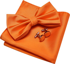 Mens Solid Color Double Fold Pre-tied Bow Tie and Pocket Square Cufflink Set wit