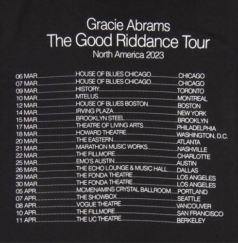 Camiseta Negra Gracie Abrams Mercancía Oficial Good Riddance Tour Dateback M NUEVA - Imagen 4 de 7