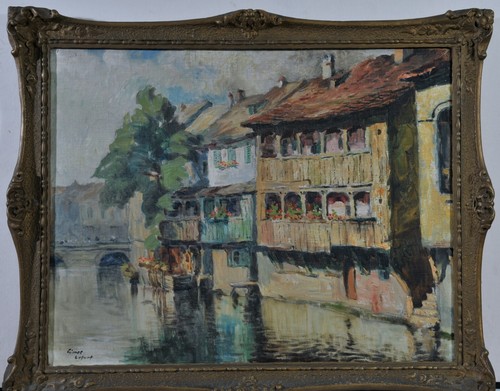 Lajos Gimes (1886-1945): Erfurt riverbank with a brigde