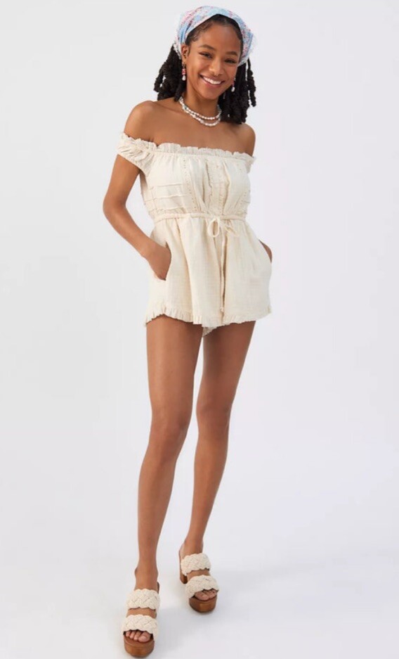 UO Evie Off-The-Shoulder Check Romper Urban Outfitters NWOT