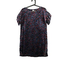 GAP Velvet Short Sleeve Dress XSP Black Floral Shift Ruffle Romantic Pullover