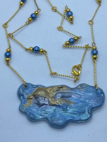 LANGE MEERJUNGFRAU SIRENE MEERESNYMPHE HALSKETTE JUGENDSTIL BLAU SILBER VERGOLDET - Bild 1 von 6