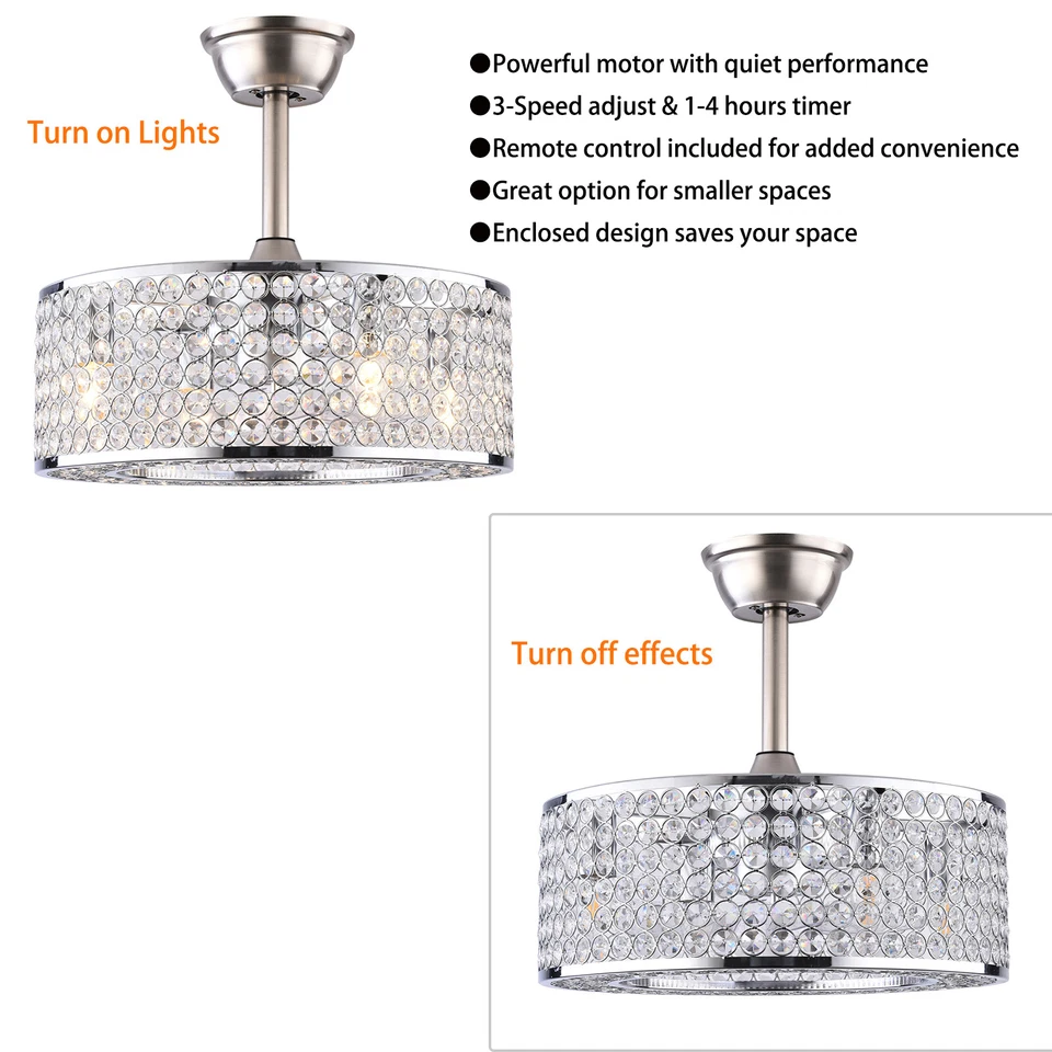 18" Crystal Invisible Caged Ceiling Fan Light LED Chandelier w/ 4-Bulbs & Remote - Image 4 of 4