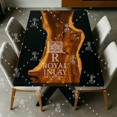 Black Resin River Dining Table   Live Edge Wood Luxury Epoxy Top Handmade