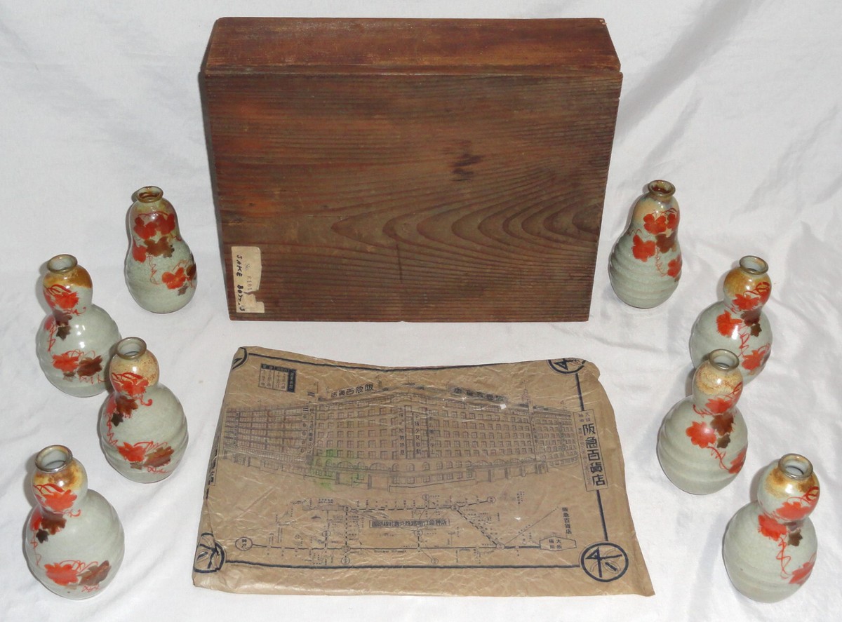 古酒 pintoshi 8 Antique c. 1934 Japanese Tokkuri Sake Bottles & Box, Hankyu