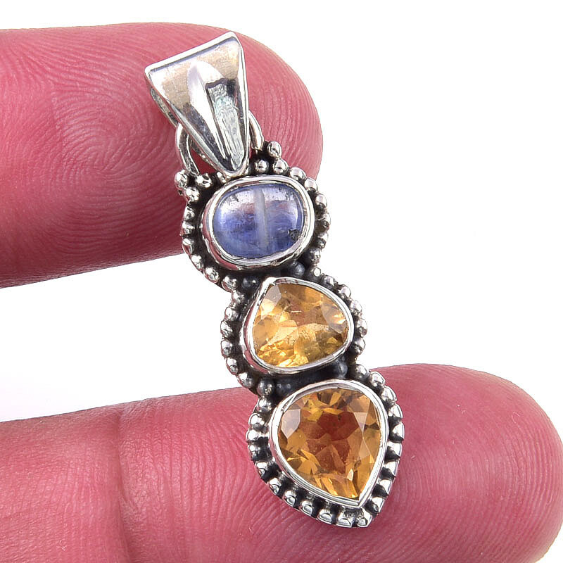 Natural Citrine Kyanite Sterling Silver Pendant Necklace 1.25 Inch