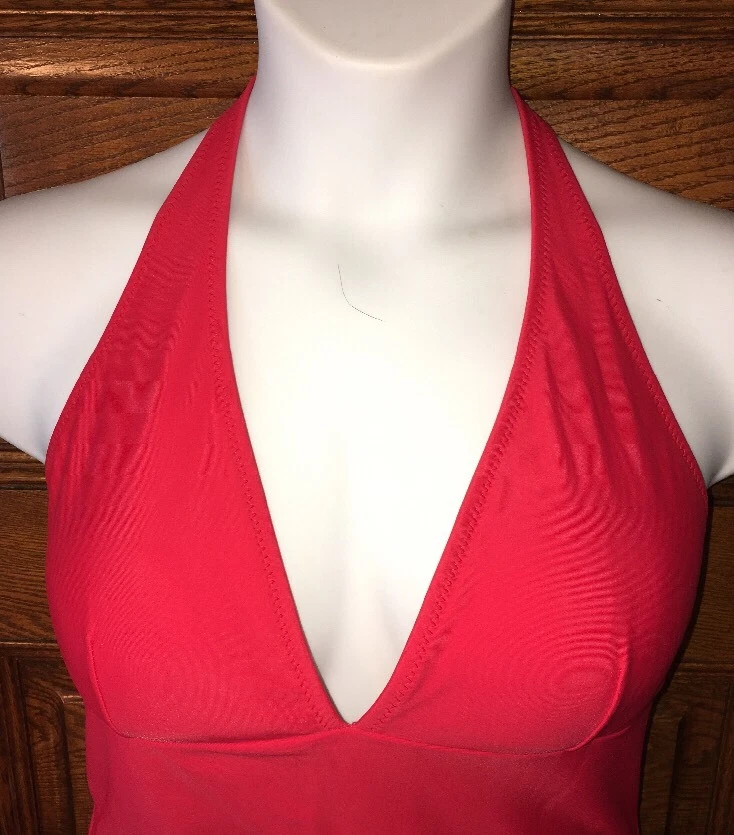 TERNO DE BANHO SPIEGEL vermelho sólido mergulho profundo 1 peça Halter, tamanho 16, SEXY! - Imagem 3 de 4