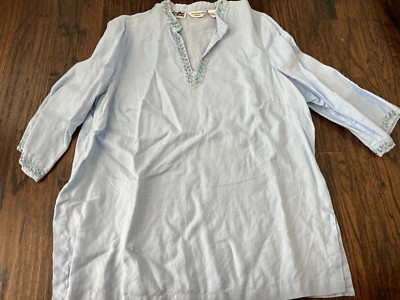 Women's Plus Light Blue Linen Tunic Top, 3/4 Sleeves, Size 1X, Applique & Sequin