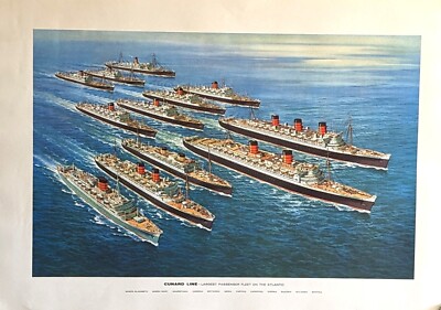 Circa 1957 Cunard Line Fleet Poster by Carl Evers w/ 12 Ships - QUEENS & More