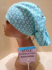Anchors (light tourq) Women's Euro/Chef Surgical Scrub Hat/Cap Handmade