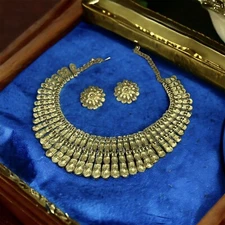 BSK Cleopatra Collar Necklace Clip Earrings Gold Tone Vtg Egyptian Exotic Set