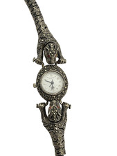 Vintage Sterling Silver 925 Art Deco Garnet & Marcasite Jaguar Quartz Watch 8"