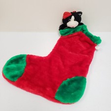 Black White Kitty Cat Christmas Holiday Stocking Felt Eyes Red Hat Plush