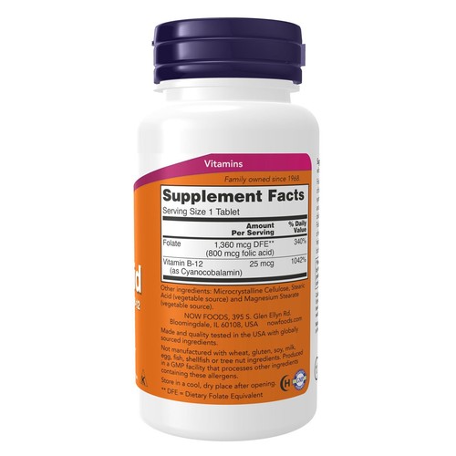2 x NOW FOODS Ácido fólico 800 mcg B12 25 mcg Vegetariano 250 Tabs - Imagen 3 de 4