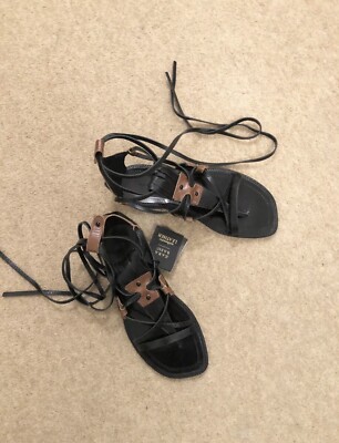Zara Black Tan Leather Roman Gladiator Sandals Flat Shoes UK4