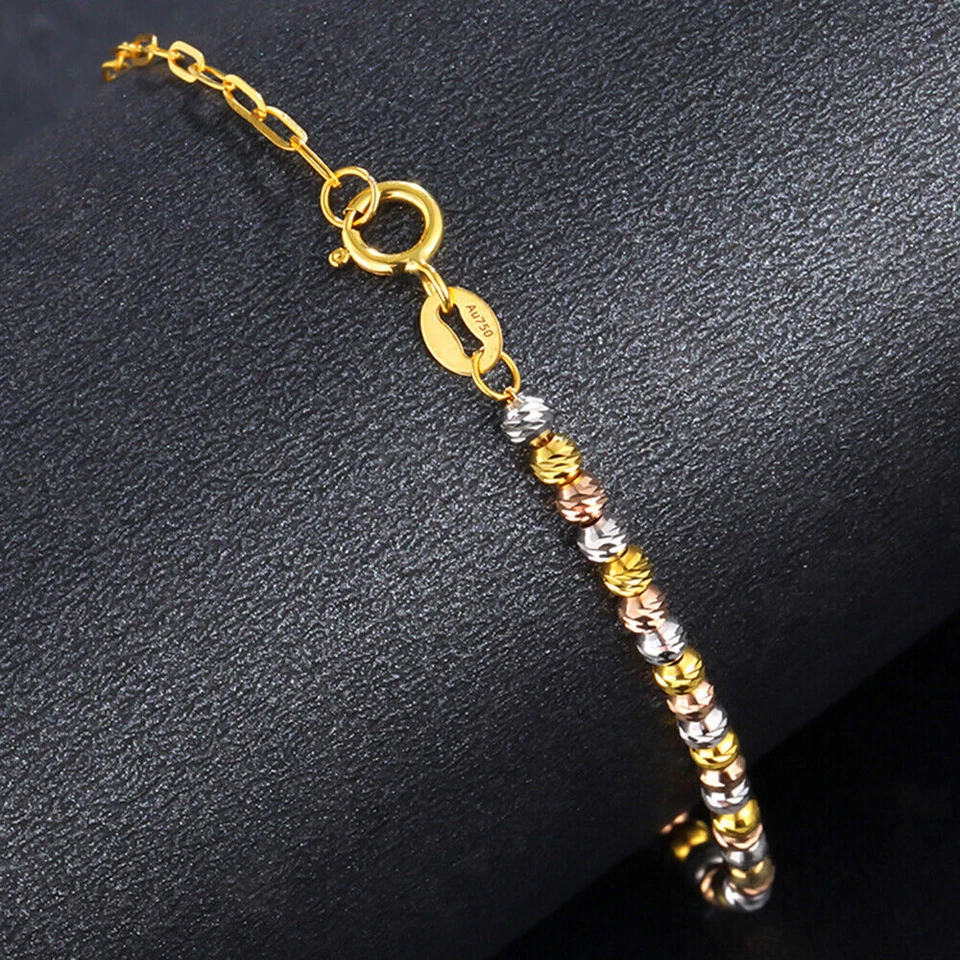 18K Yellow Gold Cable Chain with Multi-tone Beads Link Bracelet Women Gift - Image 4 of 4
