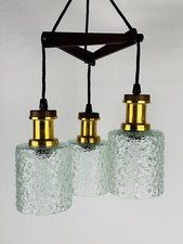 Lampada A Sospensione 3 Luci Lampadario Vintage Vetro Legno Design 1960