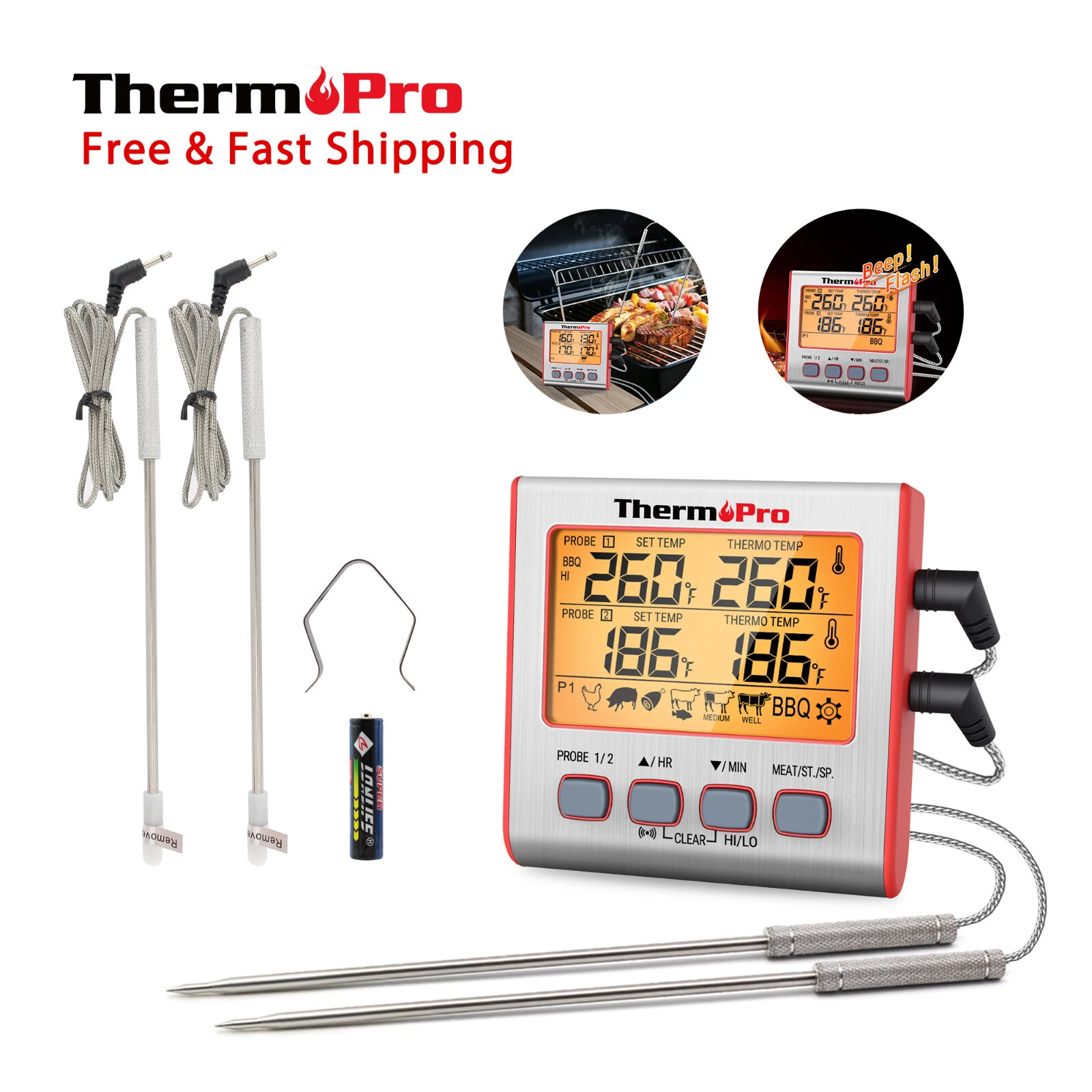 ThermoPro TP17W Dual Probe Meat Thermometer Large LCD Backlight Timer Mode BBQ
Opens in a new window