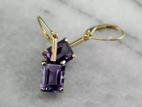 4Ct Emerald Cut Lab Created Amethyst Drop/Dangle Earrings 14K Yellow Gold Plated - Picture 2 of 5