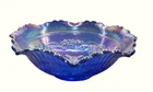Vintage WINDMILL Carnival Glass 8" Bowl, LE Smith, Iridescent Blue, Ruffled Edge