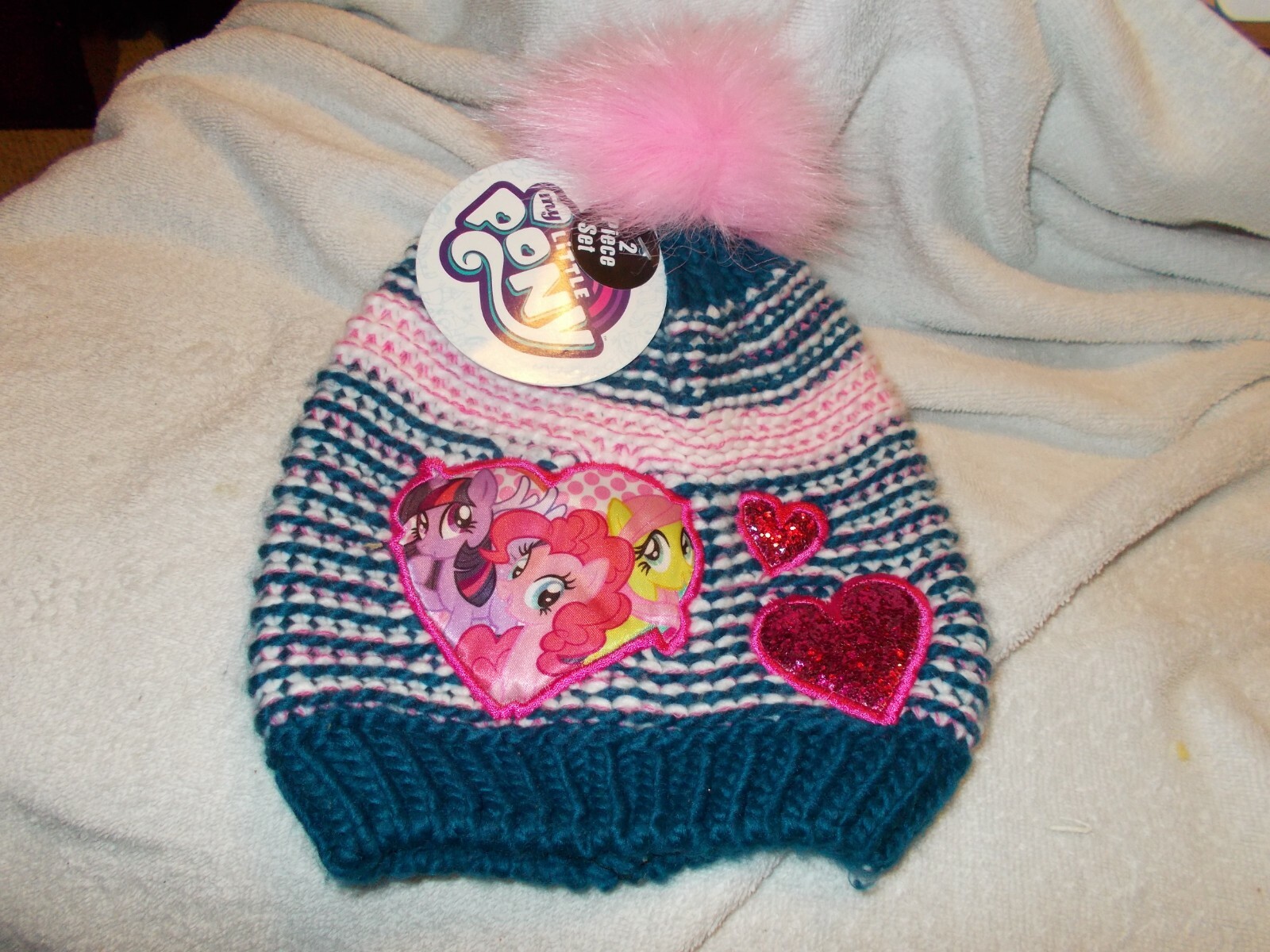 SET GUANTI BERRETTO MY LITTLE PONY blu rosa glitter CAPPELLO IN MAGLIA Pom Pom