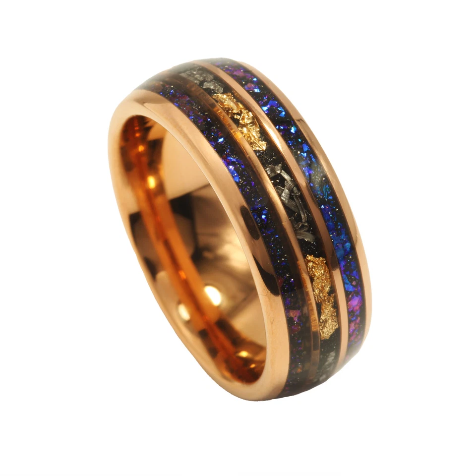 Aliança de casamento masculina de tungstênio folha de ouro rosa opala azul meteorito - Imagem 3 de 4