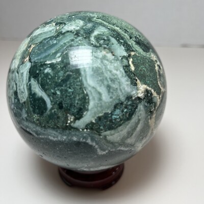 Green Jasper Sphere With Wood Stand
