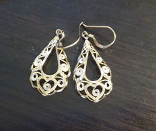 925 SIGNED TWO TONE GOLD/ON STERLING SILVER TEARDROP FILIGREE DANGLE EARRINGS