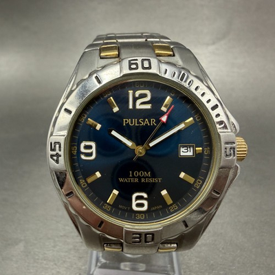 #ad Pulsar Watch Men 42mm Blue Dial Two Tone Date Round VX42 X245 New Batetry $29.99