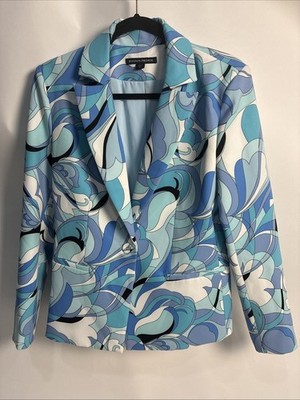 Boston Proper Blazer Jacket Size 8 Blue White Abstract Swirl Floral Bold Party