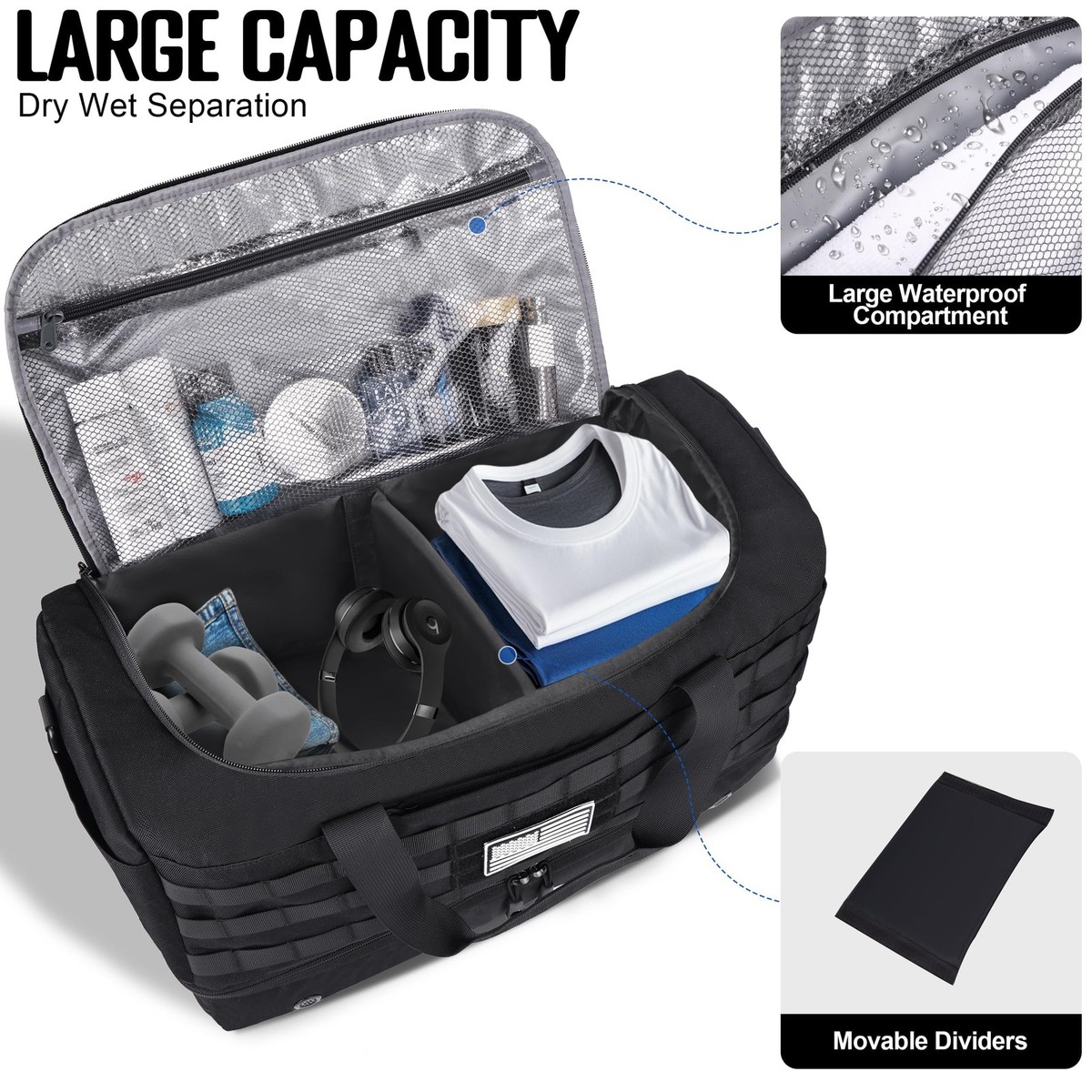 MOZETO Black Duffle Bag for Men, 45L Carry On 22x14x9 Travel