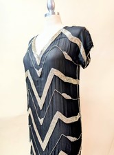 Vintage 80s Beaded Flapper Style Dress Silver Metallic Beads Silk M