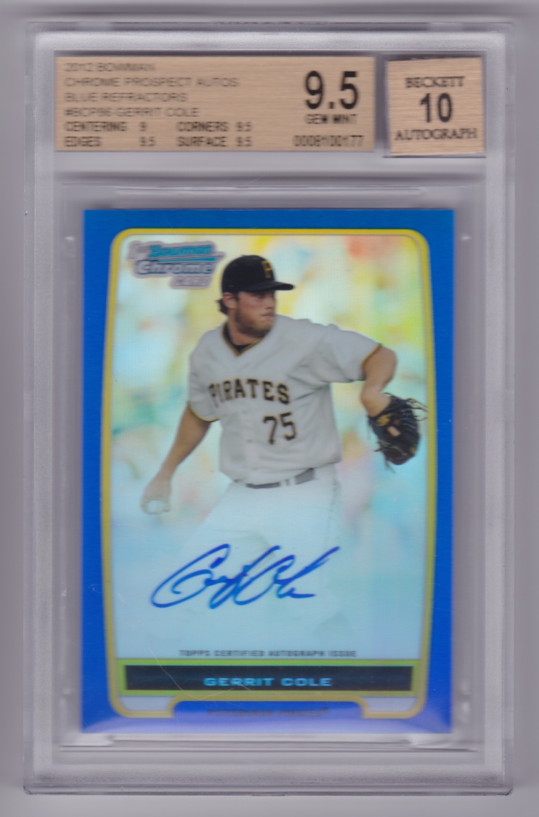 2012 Bowman Gerrit Cole Chrome Prospect Blue Refractor Auto /150 BGS 9.5/10 AUTO