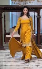 Stylish Mustard Yellow Natural Crepe Top Palazzo And Dupatta For Festival Wear