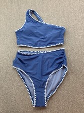 One Shoulder Whipstitch Bikini Tankini Swimsuit 2 pc Womens size S Blue High Cut