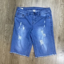 True Religion Denim Shorts Boys 14 Geno Relaxed Slim Distressed Jeans Frayed Hem