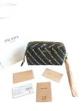 Miu Miu Pouch Clutch Wristlet Makeup Bag Black Logo Floral Print Nylon New