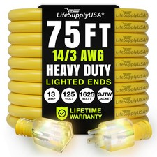 75ft Outdoor/Indoor Extension Cord 14/3 Gauge Heavy Duty 3 Prong SJTW, Waterp...
